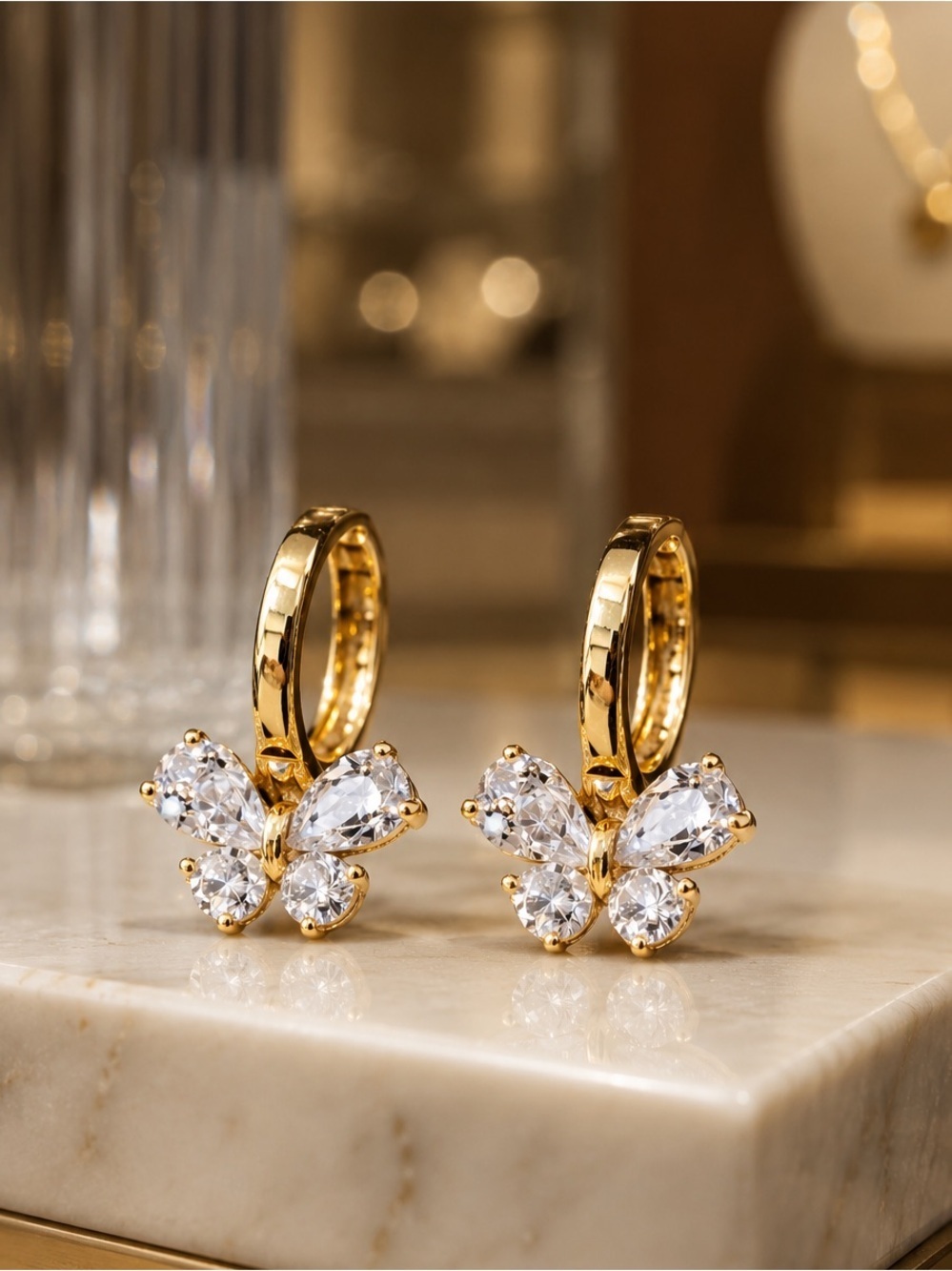 Gold Butterfly Hoop Earrings with Clear Crystals